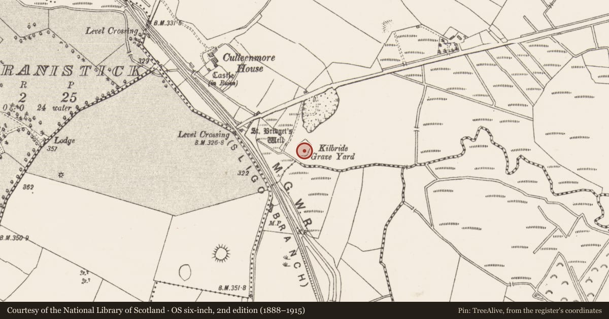 Ordnance Survey six-inch map, 2nd edition (1888–1915) covering the location of Burial ground, Culleen More, County Westmeath, with a pin at the register's coordinates