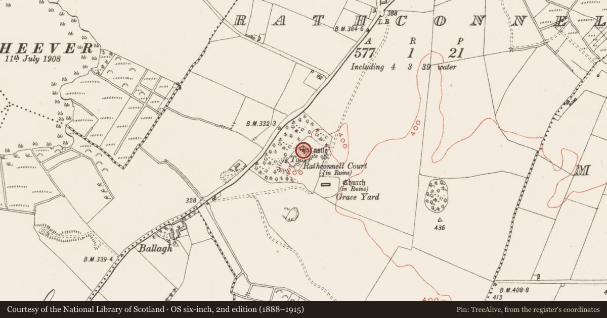 Ordnance Survey six-inch map, 2nd edition (1888–1915) covering the location of Castle - unclassified, Rathconnell, County Westmeath, with a pin at the register's coordinates