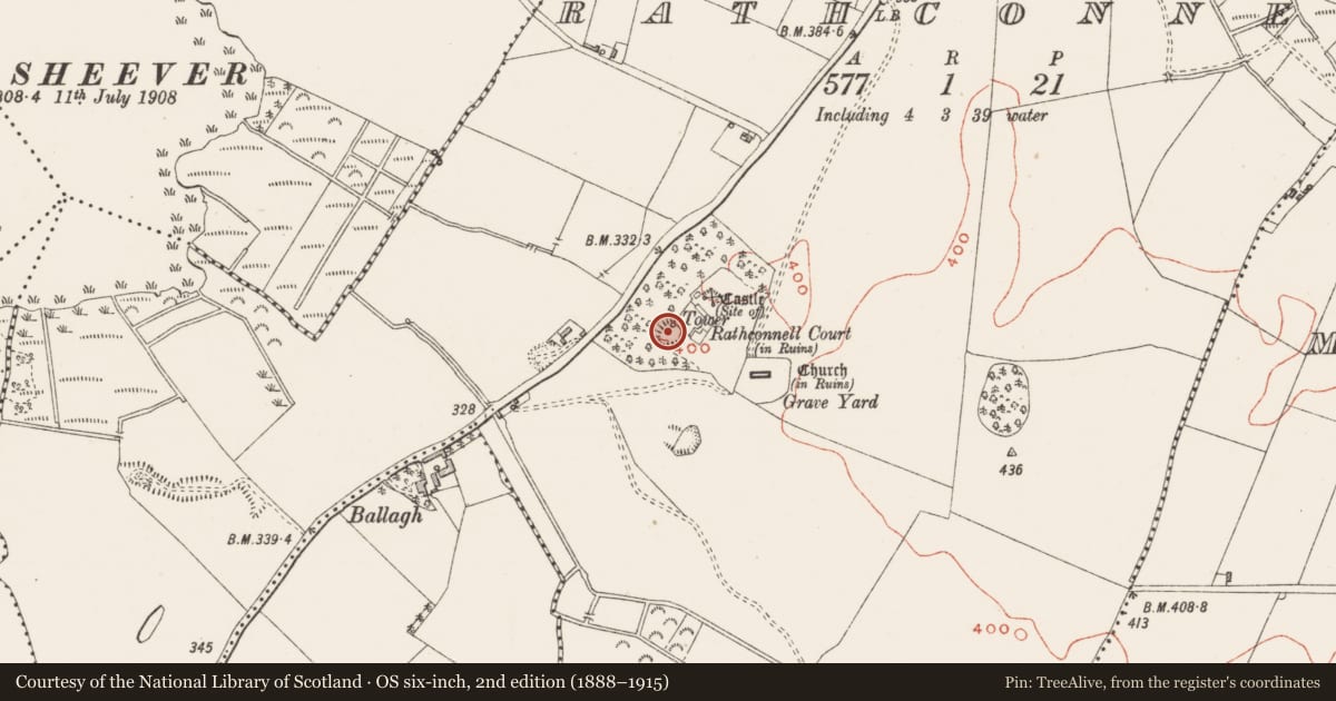 Ordnance Survey six-inch map, 2nd edition (1888–1915) covering the location of Castle - motte and bailey, Rathconnell, County Westmeath, with a pin at the register's coordinates