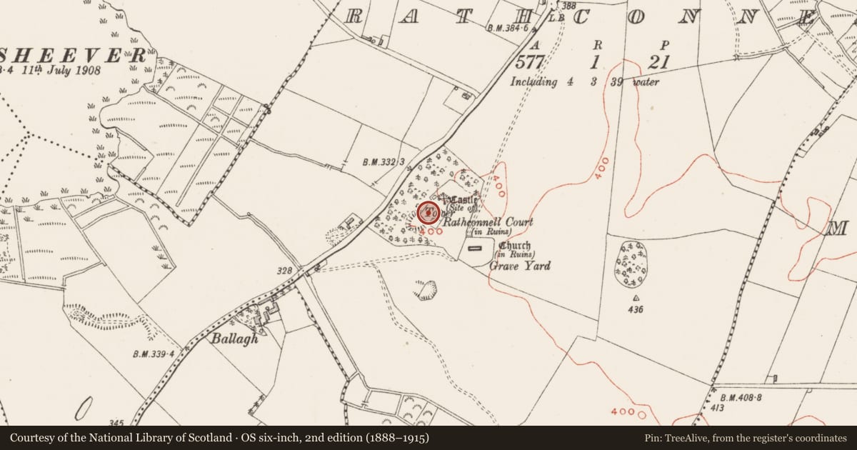 Ordnance Survey six-inch map, 2nd edition (1888–1915) covering the location of Bawn, Rathconnell, County Westmeath, with a pin at the register's coordinates