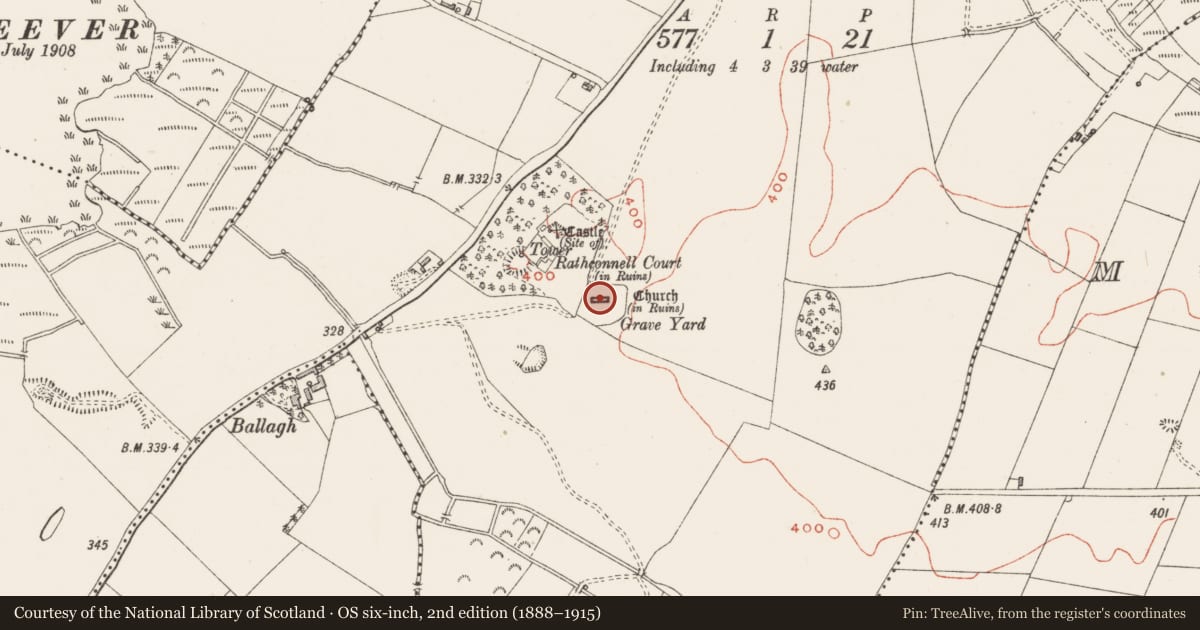 Ordnance Survey six-inch map, 2nd edition (1888–1915) covering the location of Church, Rathconnell, County Westmeath, with a pin at the register's coordinates