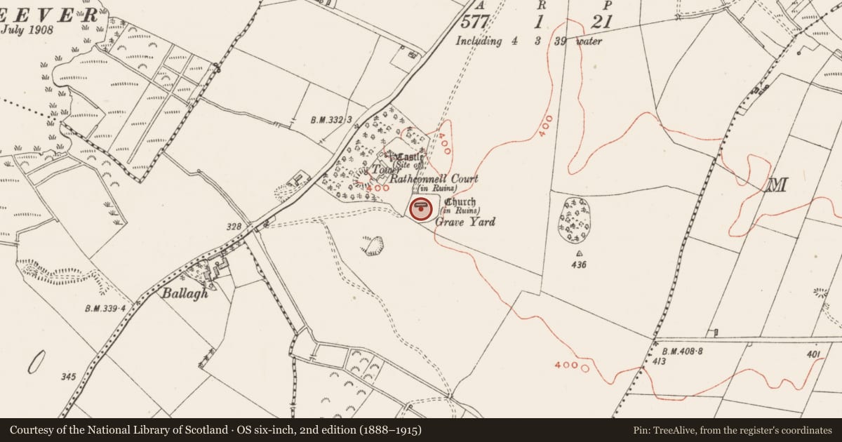Ordnance Survey six-inch map, 2nd edition (1888–1915) covering the location of Ecclesiastical enclosure, Rathconnell, County Westmeath, with a pin at the register's coordinates