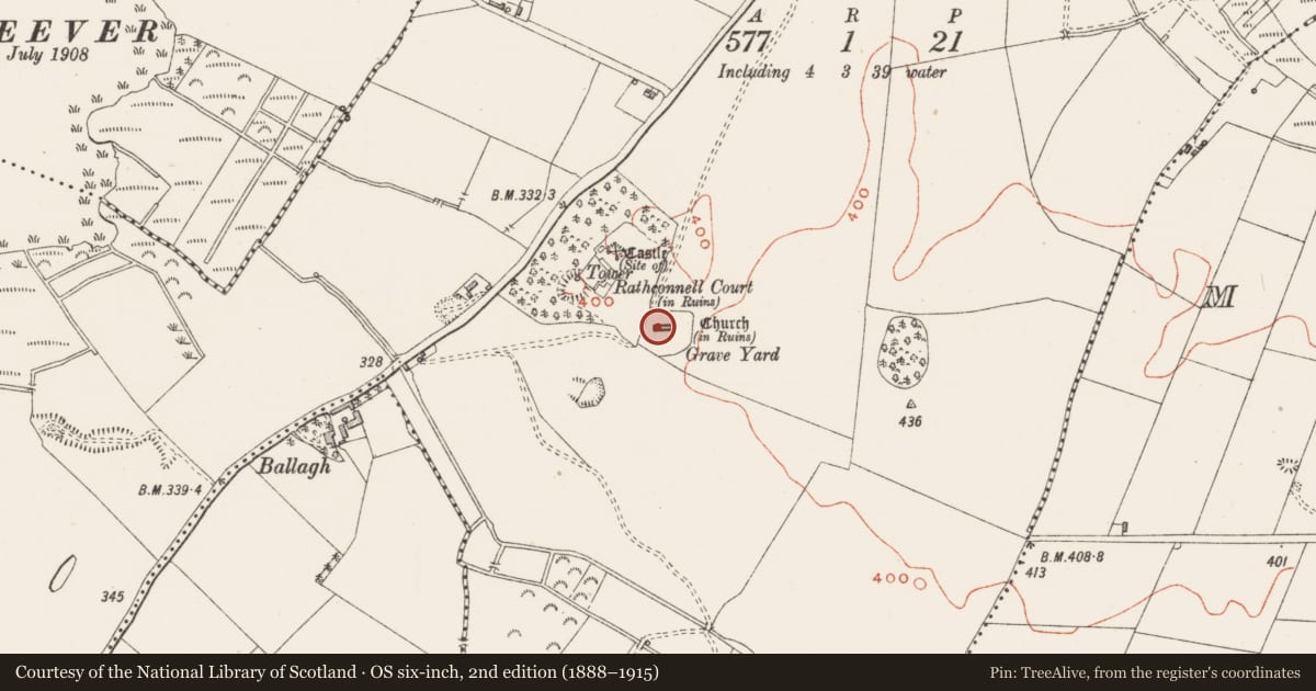 Ordnance Survey six-inch map, 2nd edition (1888–1915) covering the location of Font, Rathconnell, County Westmeath, with a pin at the register's coordinates
