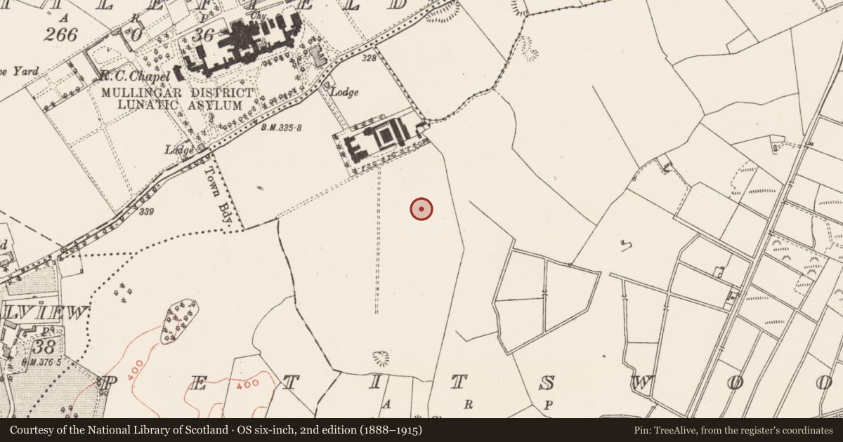 Ordnance Survey six-inch map, 2nd edition (1888–1915) covering the location of Mound, Petitswood, County Westmeath, with a pin at the register's coordinates