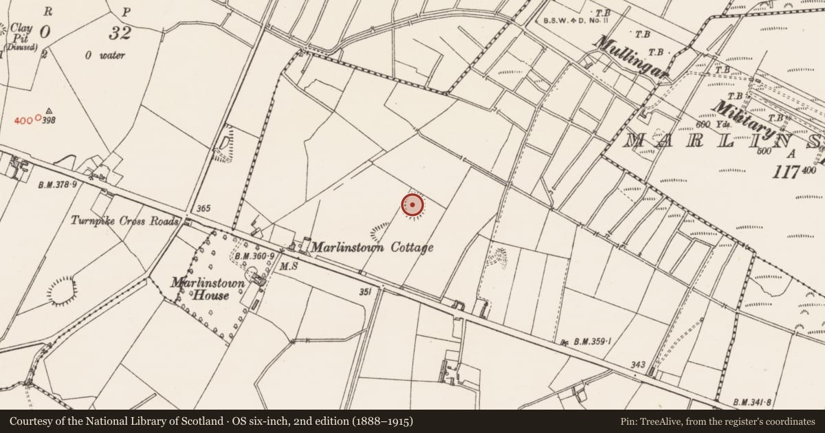 Ordnance Survey six-inch map, 2nd edition (1888–1915) covering the location of Ringfort - rath, Marlinstown, County Westmeath, with a pin at the register's coordinates