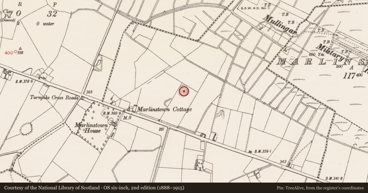 Ordnance Survey six-inch map, 2nd edition (1888–1915) covering the location of Burial ground, Marlinstown, County Westmeath, with a pin at the register's coordinates