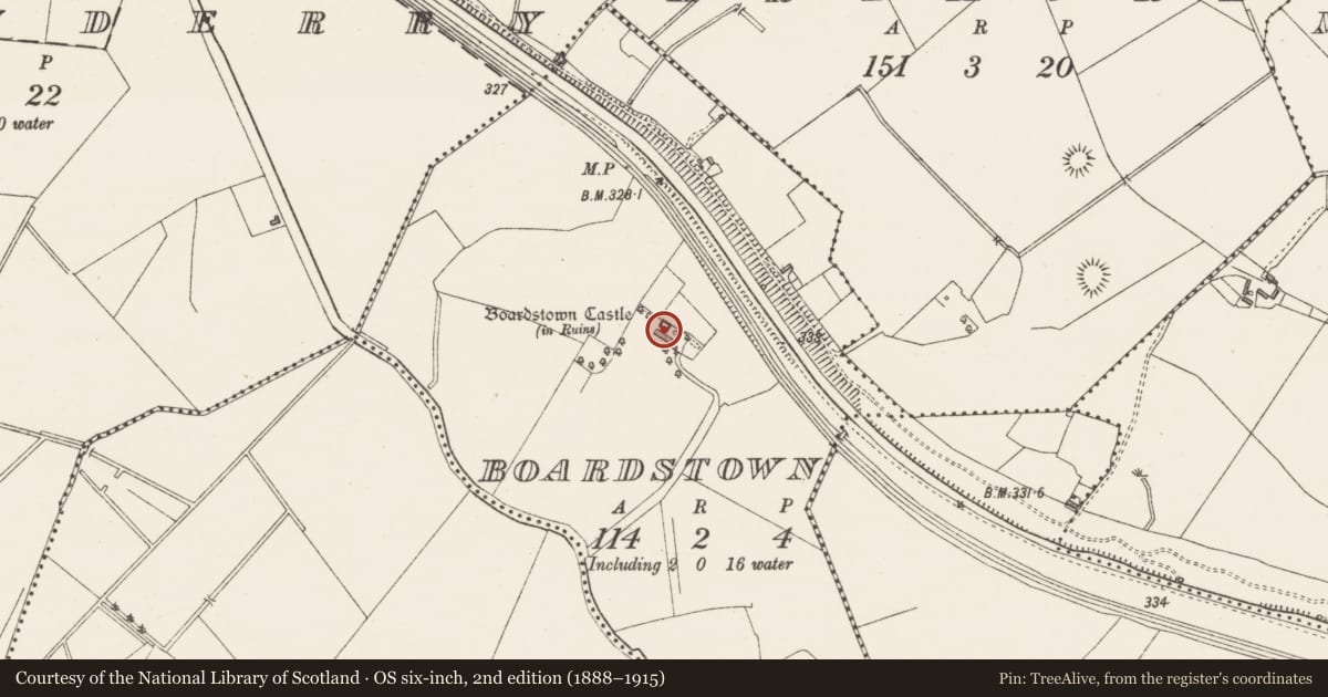 Ordnance Survey six-inch map, 2nd edition (1888–1915) covering the location of Castle - tower house, Boardstown, County Westmeath, with a pin at the register's coordinates