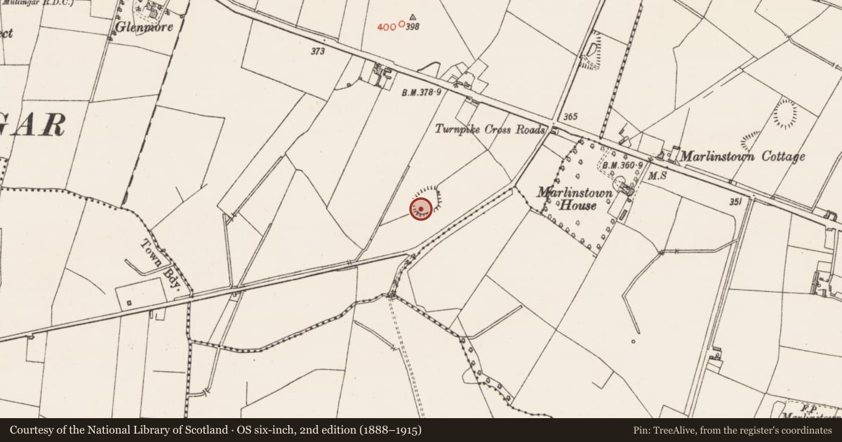 Ordnance Survey six-inch map, 2nd edition (1888–1915) covering the location of Souterrain, Petitswood, County Westmeath, with a pin at the register's coordinates