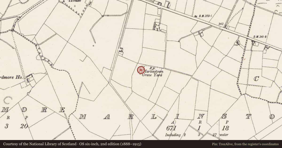 Ordnance Survey six-inch map, 2nd edition (1888–1915) covering the location of Burial ground, Marlinstown, County Westmeath, with a pin at the register's coordinates