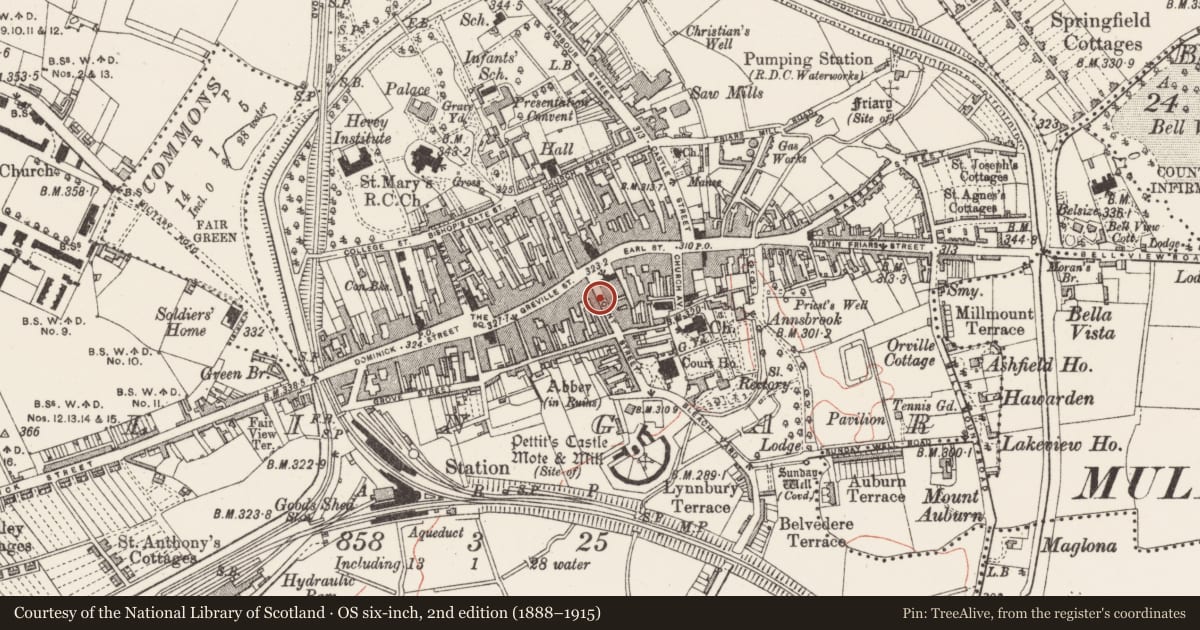 Ordnance Survey six-inch map, 2nd edition (1888–1915) covering the location of Historic town, Mullingar, County Westmeath, with a pin at the register's coordinates