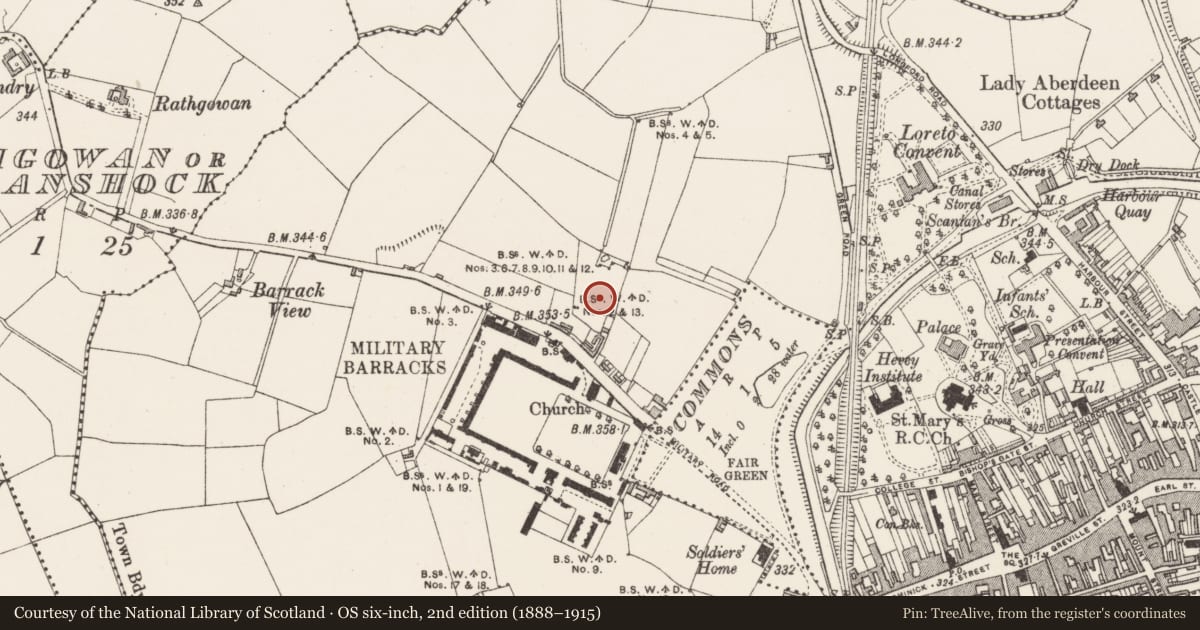 Ordnance Survey six-inch map, 2nd edition (1888–1915) covering the location of Standing stone, Mullingar, County Westmeath, with a pin at the register's coordinates
