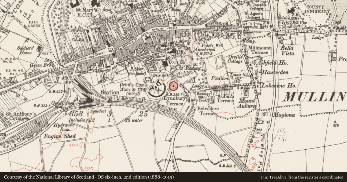 Ordnance Survey six-inch map, 2nd edition (1888–1915) covering the location of Water mill - vertical-wheeled, Mullingar, County Westmeath, with a pin at the register's coordinates