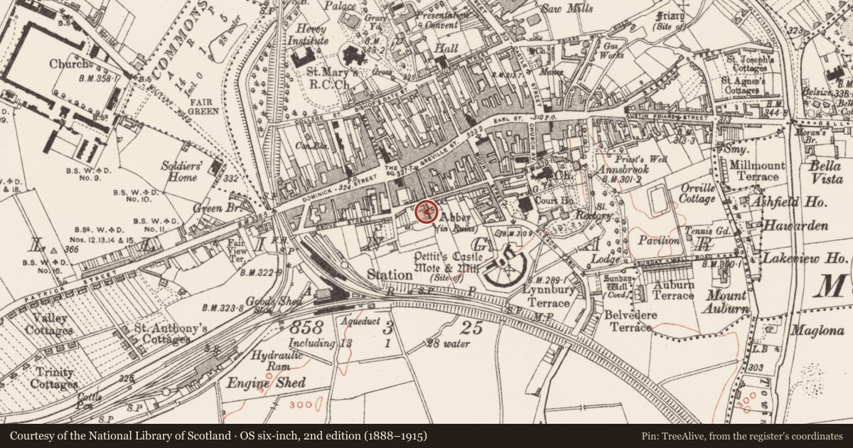 Ordnance Survey six-inch map, 2nd edition (1888–1915) covering the location of Castle - unclassified, Mullingar, County Westmeath, with a pin at the register's coordinates