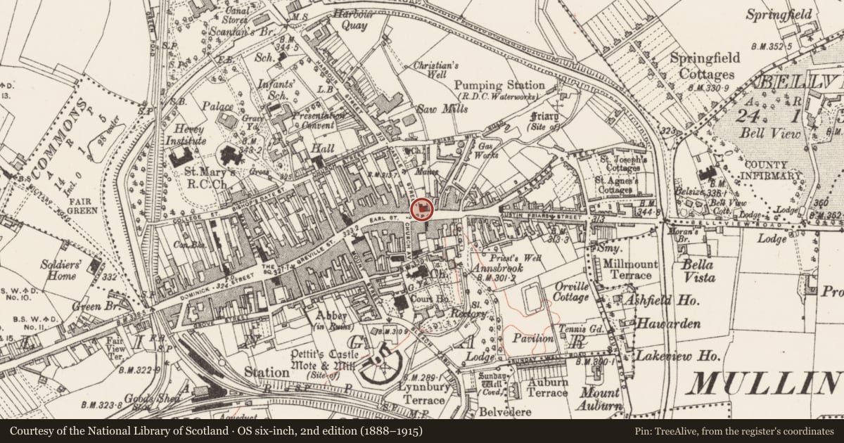 Ordnance Survey six-inch map, 2nd edition (1888–1915) covering the location of Castle - unclassified, Mullingar, County Westmeath, with a pin at the register's coordinates
