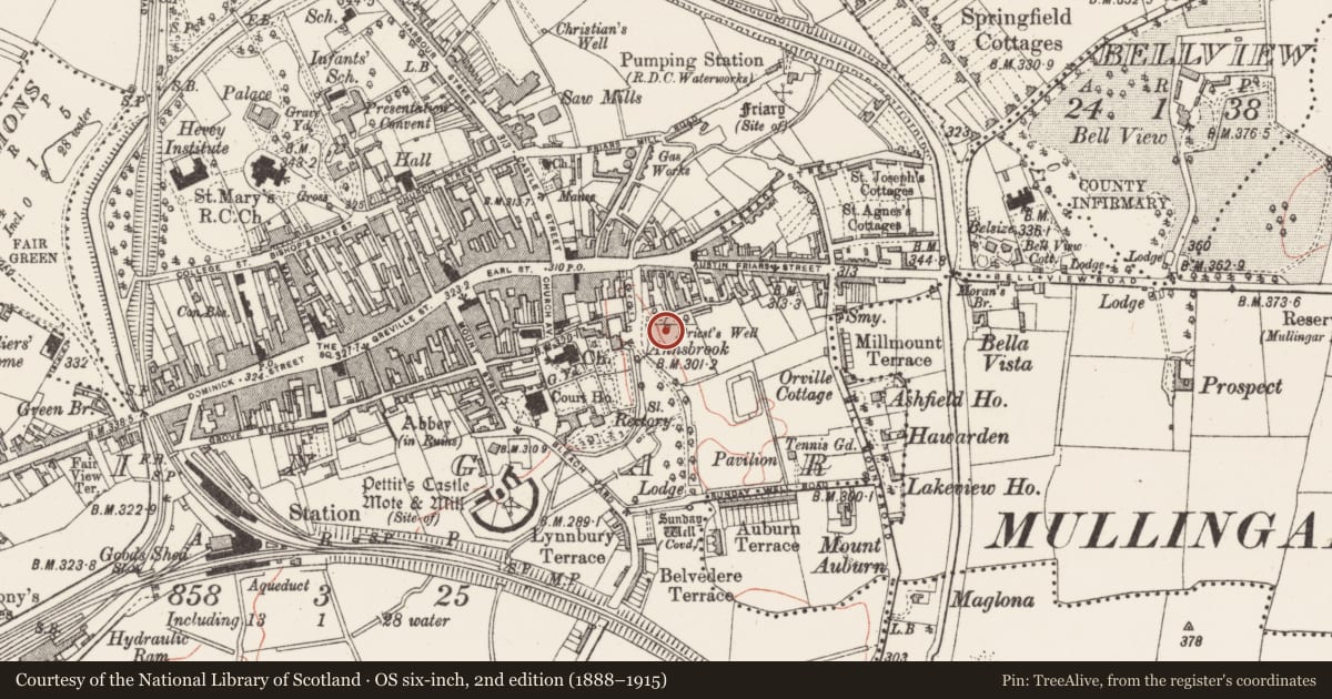 Ordnance Survey six-inch map, 2nd edition (1888–1915) covering the location of Ritual site - holy well, Mullingar, County Westmeath, with a pin at the register's coordinates