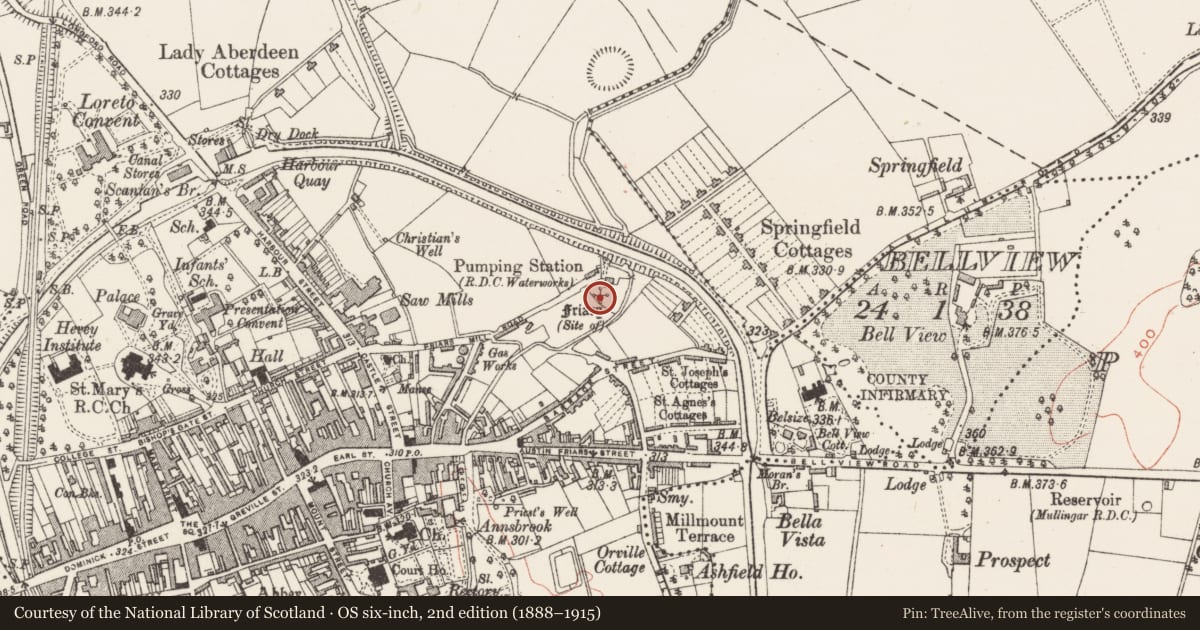 Ordnance Survey six-inch map, 2nd edition (1888–1915) covering the location of Religious house - Franciscan friars, Mullingar, County Westmeath, with a pin at the register's coordinates