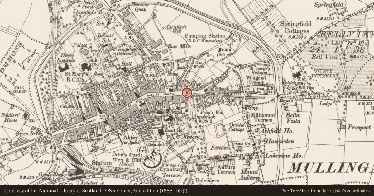 Ordnance Survey six-inch map, 2nd edition (1888–1915) covering the location of Bridge, Mullingar, County Westmeath, with a pin at the register's coordinates