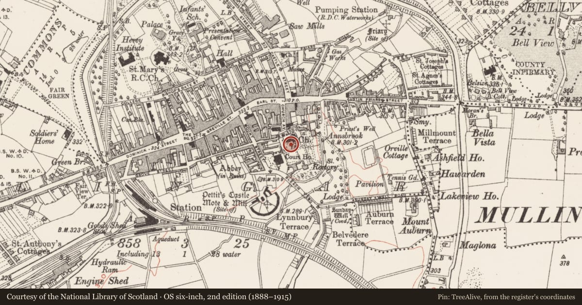 Ordnance Survey six-inch map, 2nd edition (1888–1915) covering the location of Graveyard, Mullingar, County Westmeath, with a pin at the register's coordinates