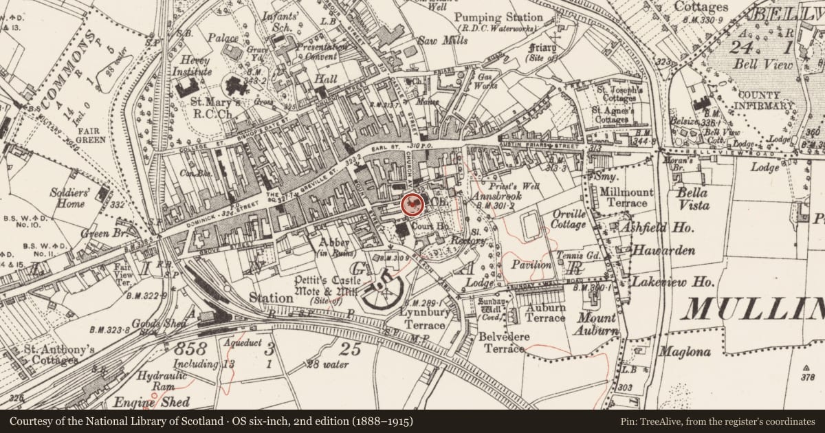 Ordnance Survey six-inch map, 2nd edition (1888–1915) covering the location of Wall monument, Mullingar, County Westmeath, with a pin at the register's coordinates