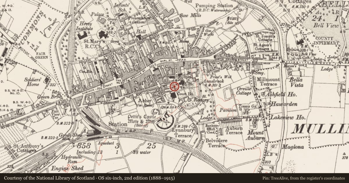 Ordnance Survey six-inch map, 2nd edition (1888–1915) covering the location of Graveslab, Mullingar, County Westmeath, with a pin at the register's coordinates