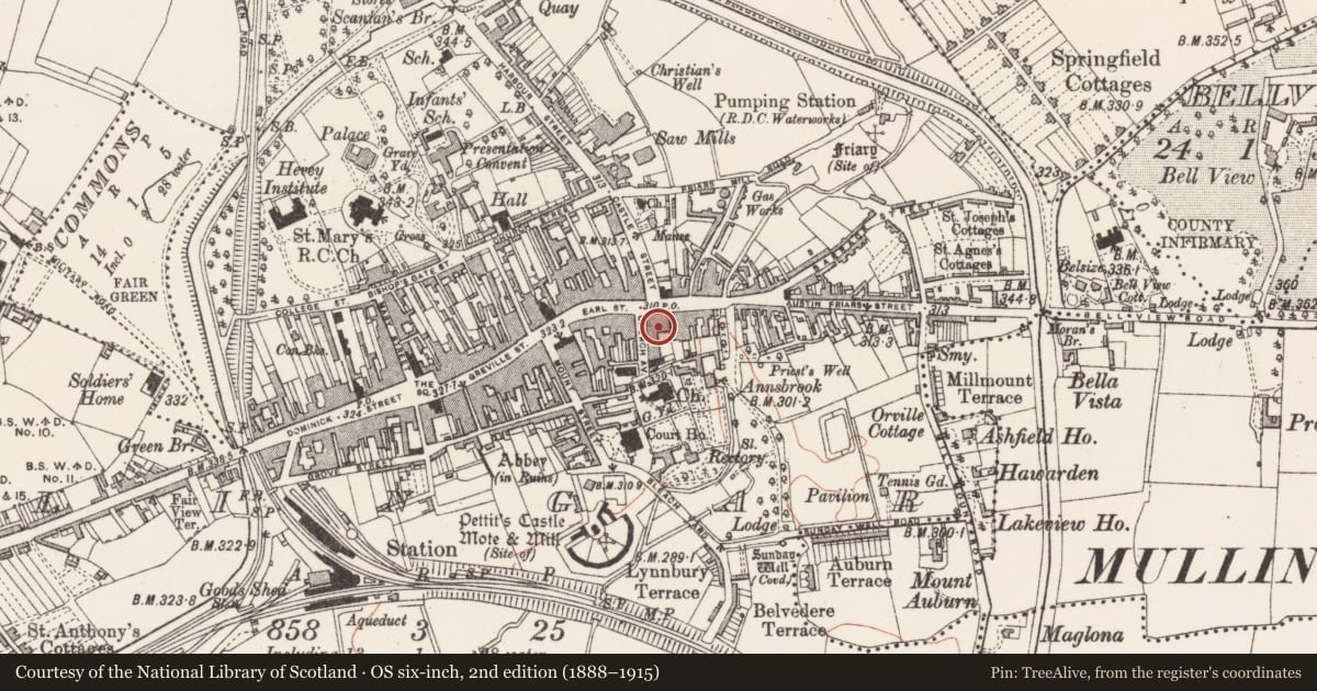 Ordnance Survey six-inch map, 2nd edition (1888–1915) covering the location of Religious house - Knights Hospitallers, Mullingar, County Westmeath, with a pin at the register's coordinates