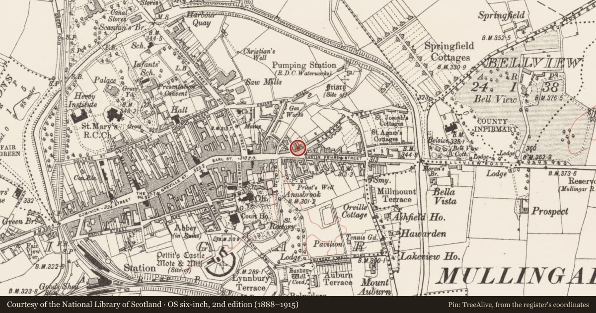 Ordnance Survey six-inch map, 2nd edition (1888–1915) covering the location of Building, Mullingar, County Westmeath, with a pin at the register's coordinates
