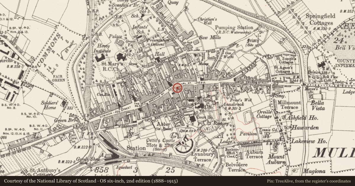 Ordnance Survey six-inch map, 2nd edition (1888–1915) covering the location of Courthouse, Mullingar, County Westmeath, with a pin at the register's coordinates