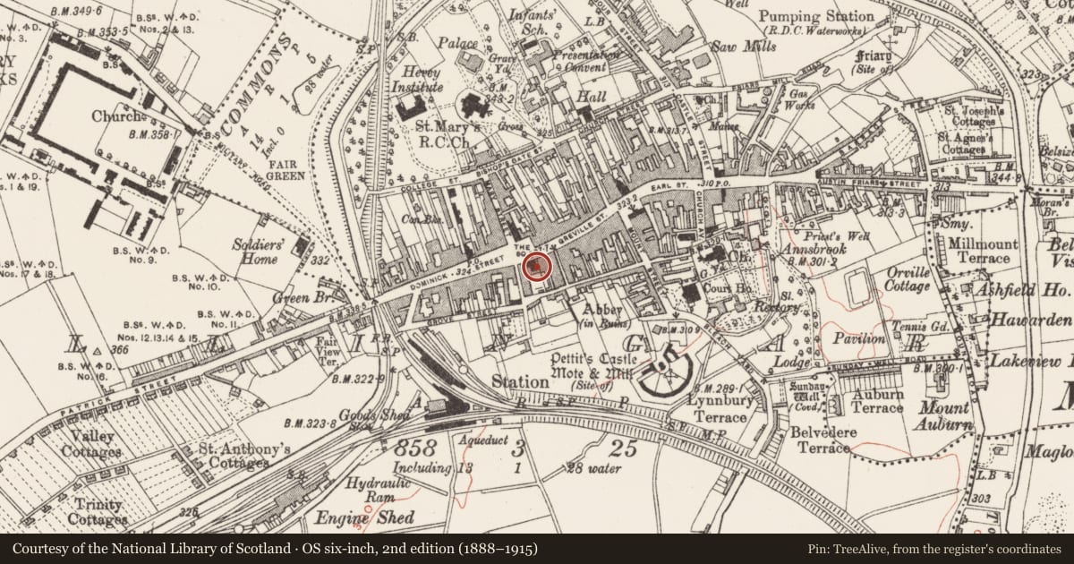 Ordnance Survey six-inch map, 2nd edition (1888–1915) covering the location of Castle - unclassified, Mullingar, County Westmeath, with a pin at the register's coordinates