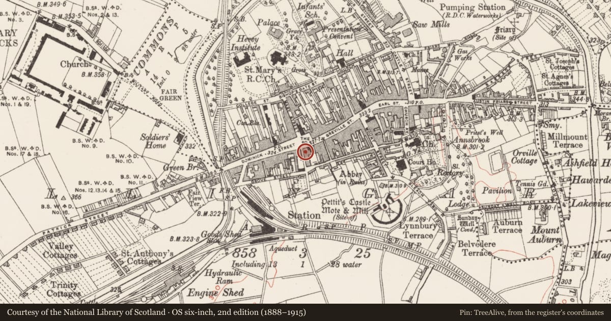 Ordnance Survey six-inch map, 2nd edition (1888–1915) covering the location of Castle - unclassified, Mullingar, County Westmeath, with a pin at the register's coordinates