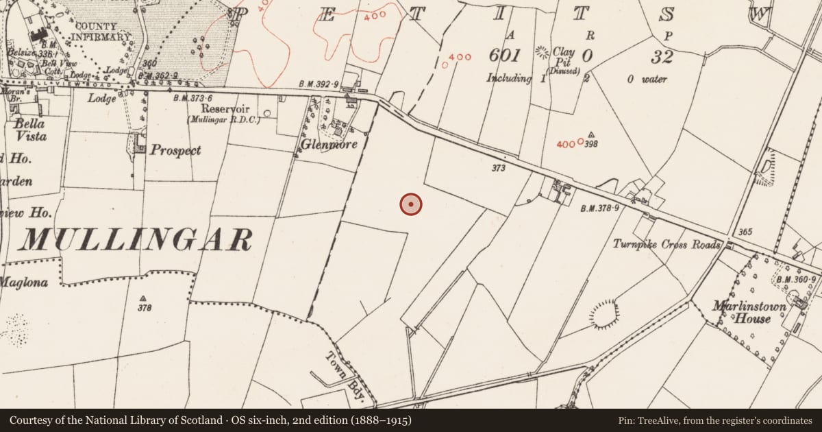 Ordnance Survey six-inch map, 2nd edition (1888–1915) covering the location of Souterrain, Petitswood, County Westmeath, with a pin at the register's coordinates