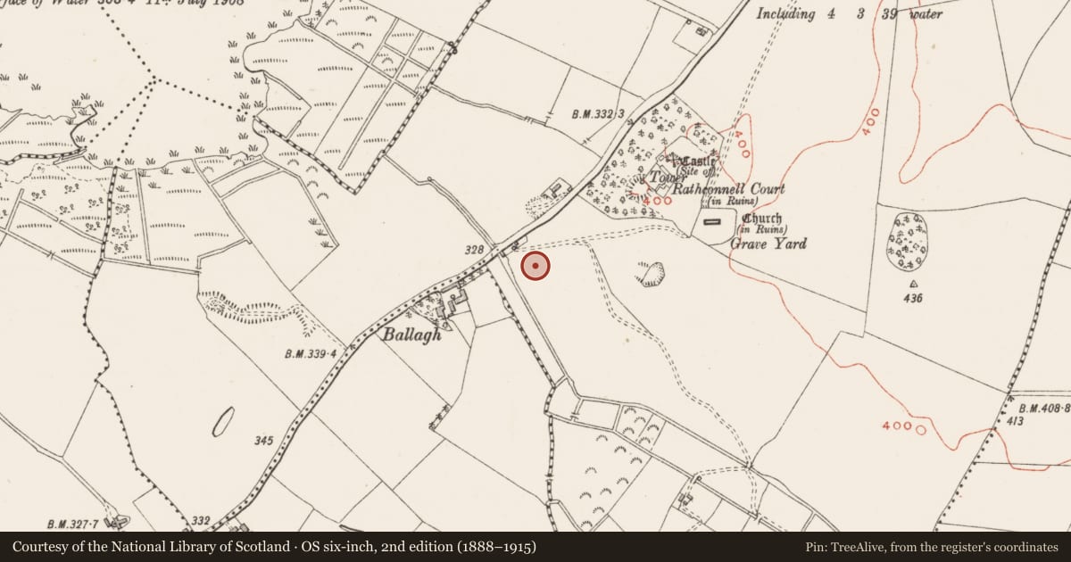 Ordnance Survey six-inch map, 2nd edition (1888–1915) covering the location of Barrow - mound barrow, Rathconnell, County Westmeath, with a pin at the register's coordinates