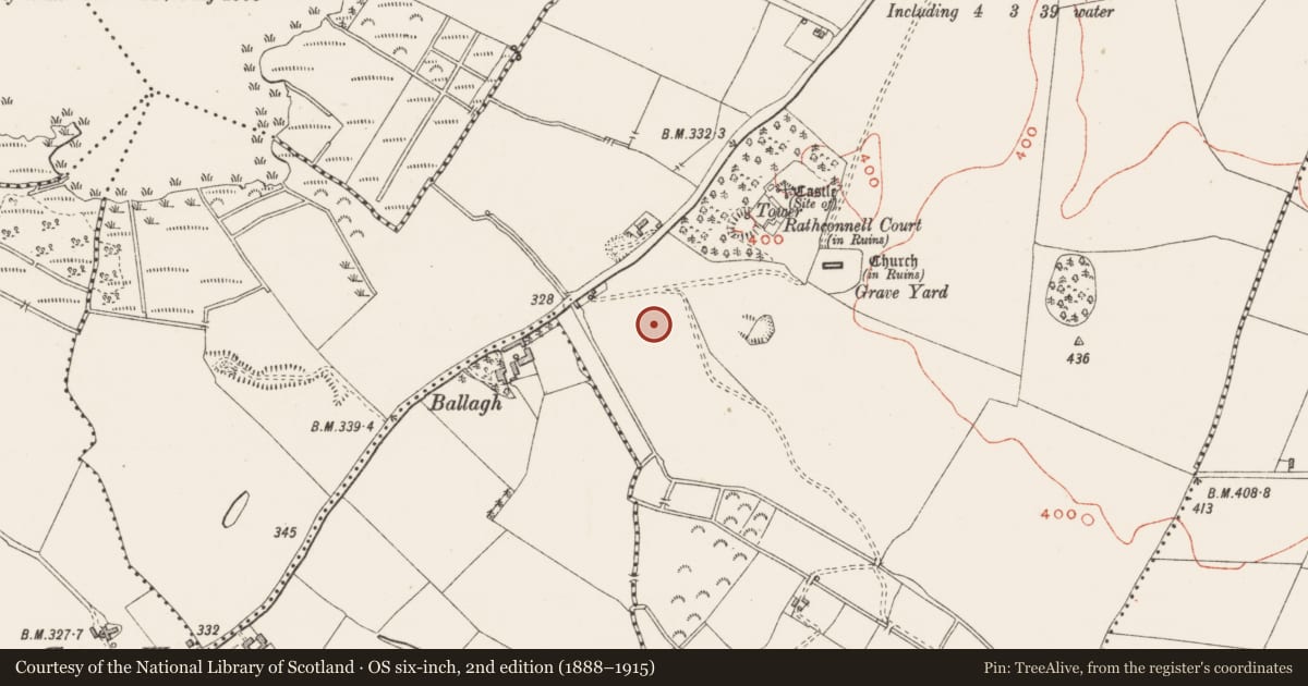 Ordnance Survey six-inch map, 2nd edition (1888–1915) covering the location of Barrow - ditch barrow, Rathconnell, County Westmeath, with a pin at the register's coordinates