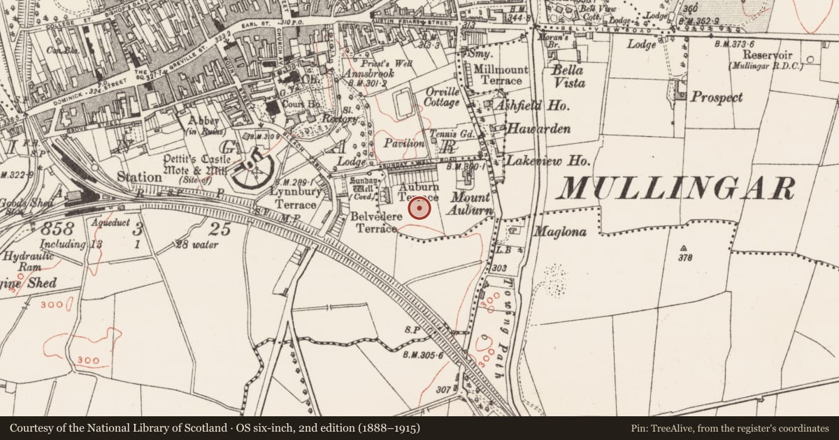 Ordnance Survey six-inch map, 2nd edition (1888–1915) covering the location of Ecclesiastical enclosure, Mullingar, Petitswood, County Westmeath, with a pin at the register's coordinates