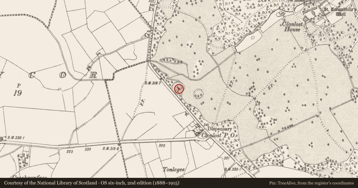 Ordnance Survey six-inch map, 2nd edition (1888–1915) covering the location of Castle - ringwork, Clonlost, County Westmeath, with a pin at the register's coordinates