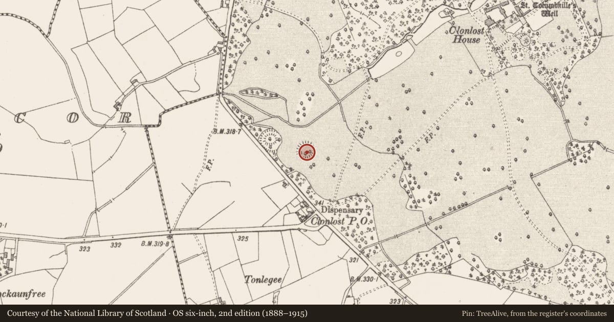 Ordnance Survey six-inch map, 2nd edition (1888–1915) covering the location of Earthwork, Clonlost, County Westmeath, with a pin at the register's coordinates