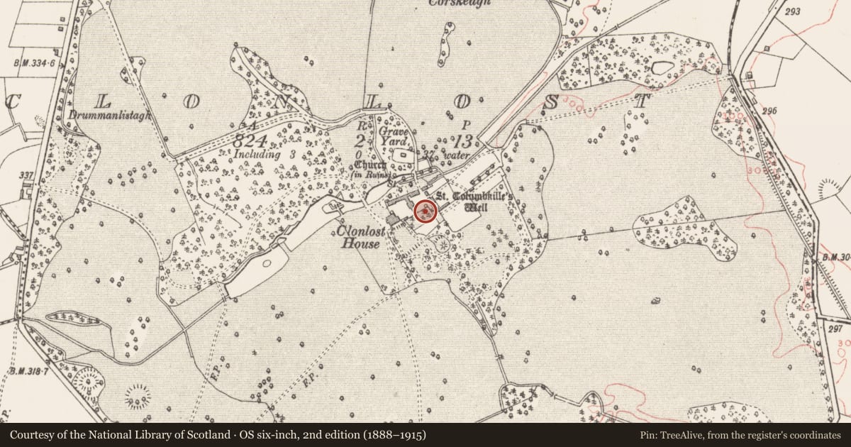 Ordnance Survey six-inch map, 2nd edition (1888–1915) covering the location of Ritual site - holy well, Clonlost, County Westmeath, with a pin at the register's coordinates
