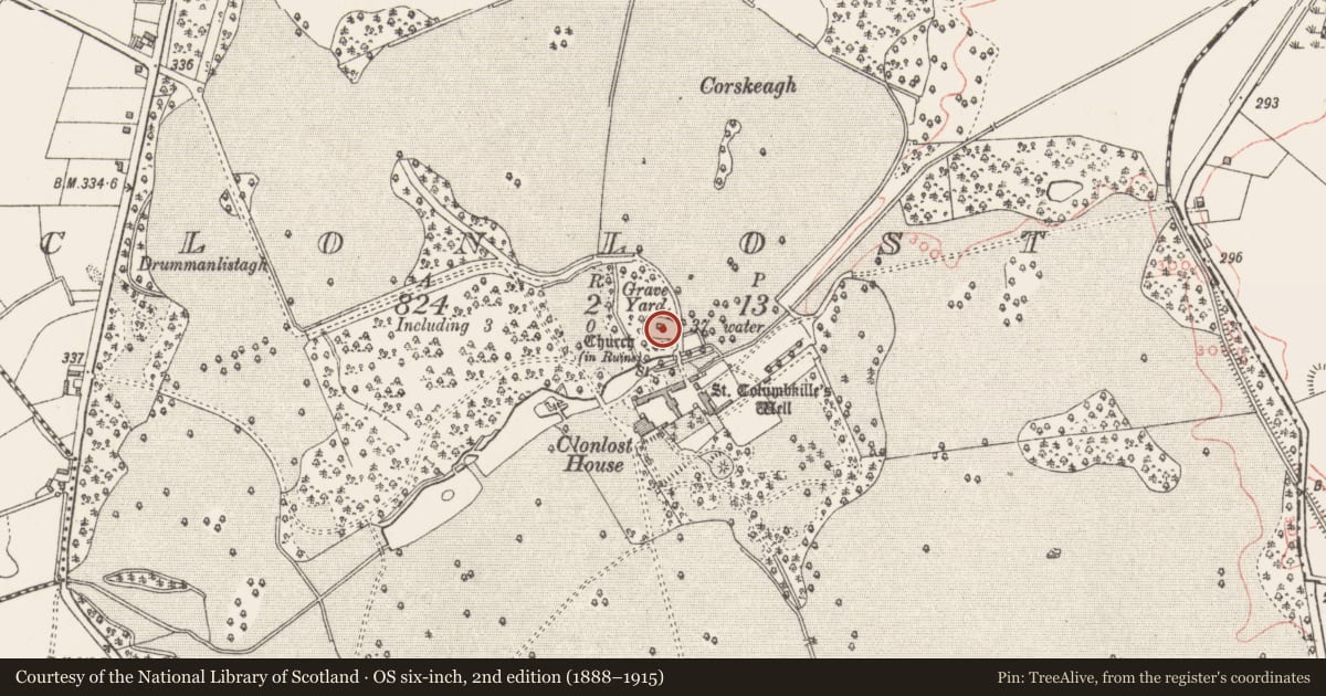 Ordnance Survey six-inch map, 2nd edition (1888–1915) covering the location of Graveyard, Clonlost, County Westmeath, with a pin at the register's coordinates