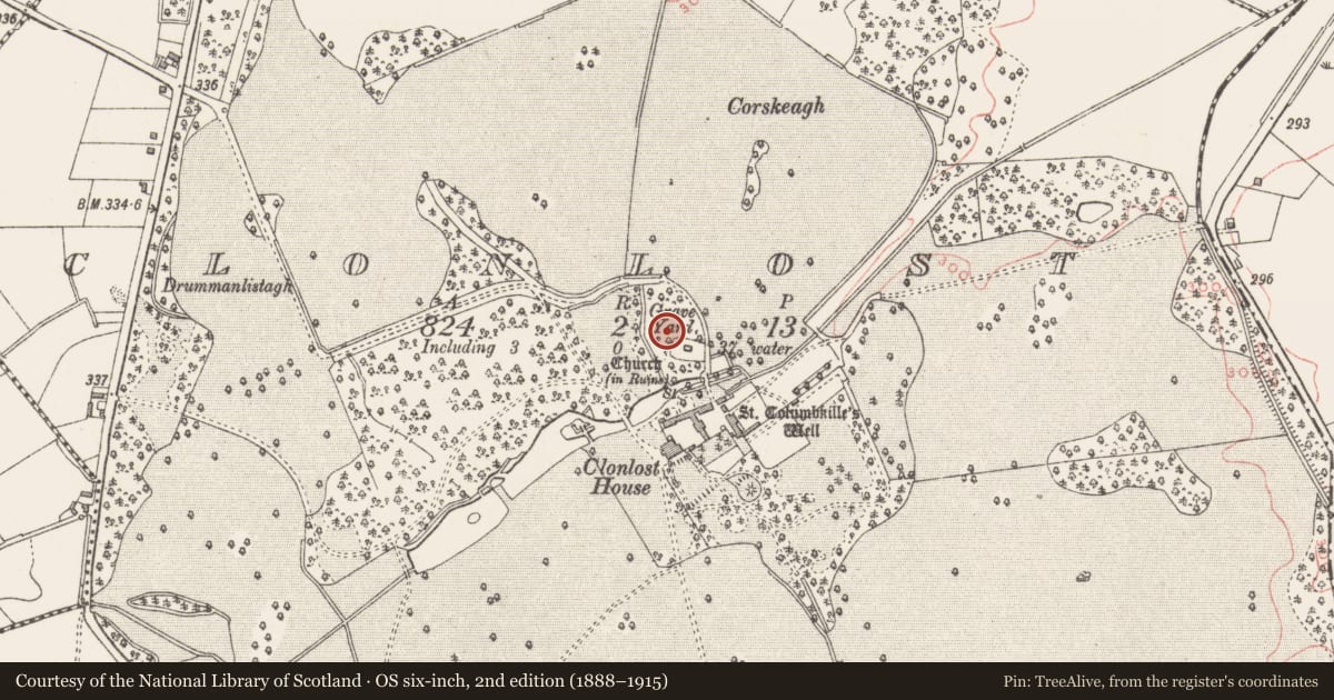 Ordnance Survey six-inch map, 2nd edition (1888–1915) covering the location of Ecclesiastical enclosure, Clonlost, County Westmeath, with a pin at the register's coordinates