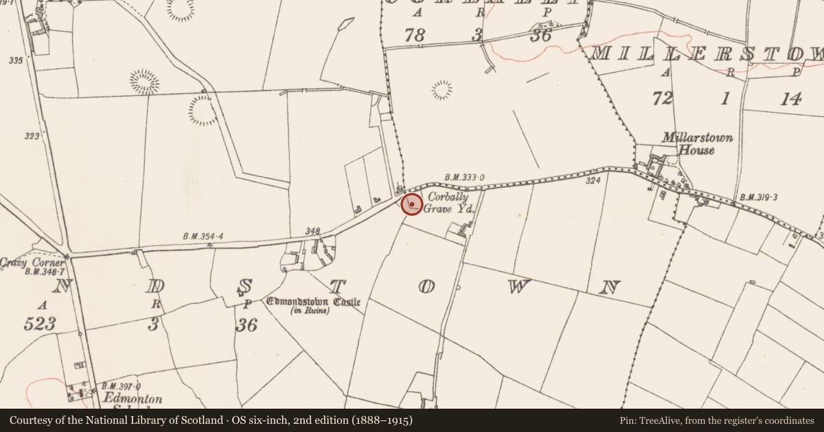 Ordnance Survey six-inch map, 2nd edition (1888–1915) covering the location of Church, Edmondstown, County Westmeath, with a pin at the register's coordinates