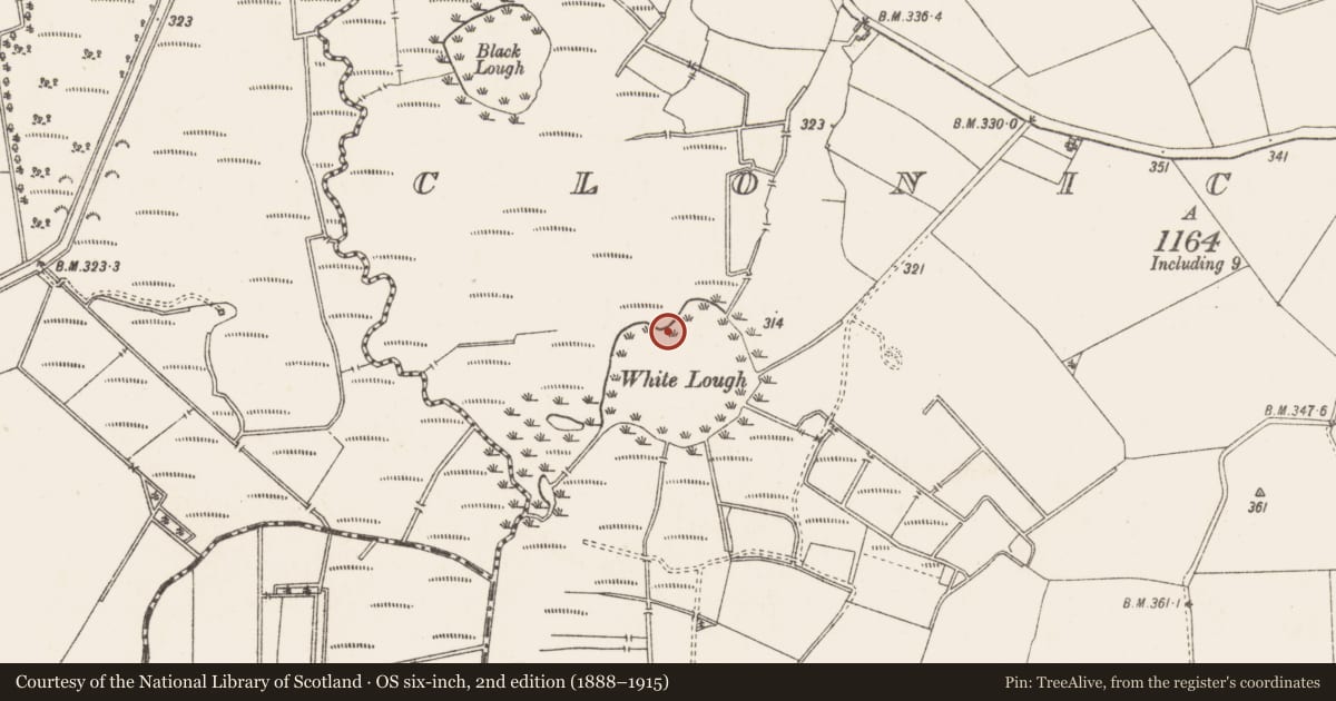 Ordnance Survey six-inch map, 2nd edition (1888–1915) covering the location of Crannog, Clonickilvant, County Westmeath, with a pin at the register's coordinates
