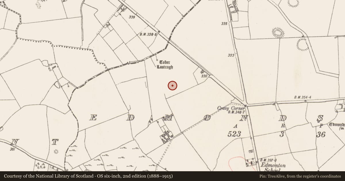 Ordnance Survey six-inch map, 2nd edition (1888–1915) covering the location of Flat cemetery, Edmondstown, County Westmeath, with a pin at the register's coordinates
