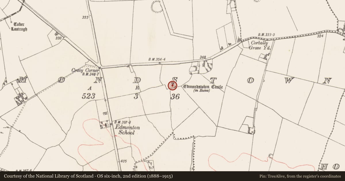 Ordnance Survey six-inch map, 2nd edition (1888–1915) covering the location of Castle - tower house, Edmondstown, County Westmeath, with a pin at the register's coordinates