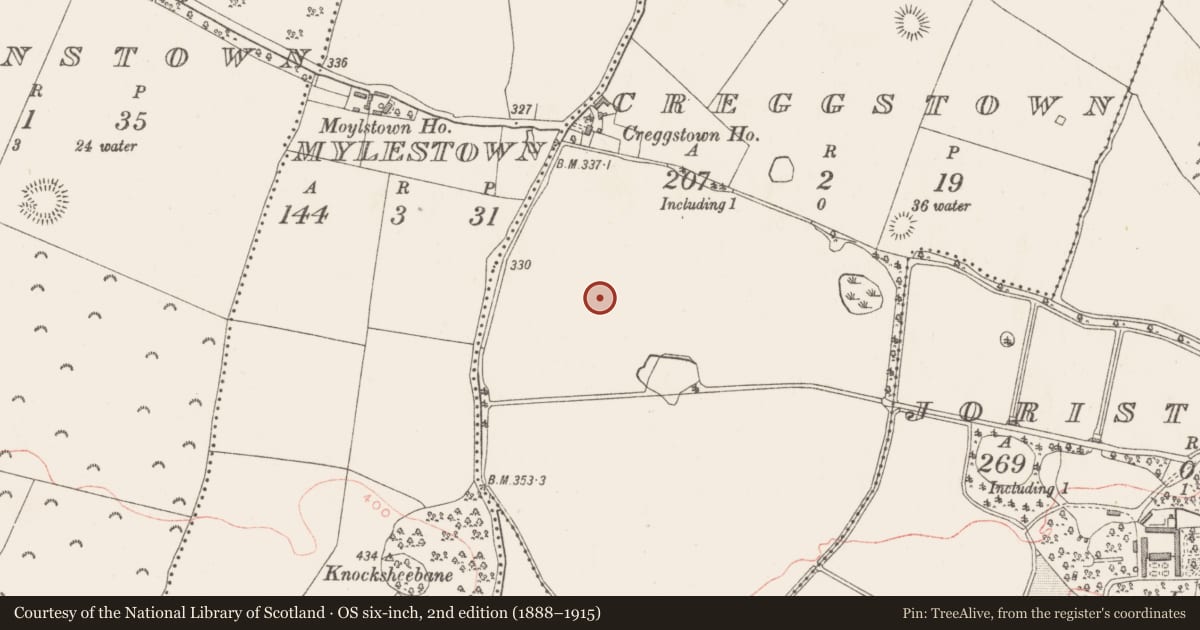 Ordnance Survey six-inch map, 2nd edition (1888–1915) covering the location of Souterrain, Creggstown, County Westmeath, with a pin at the register's coordinates