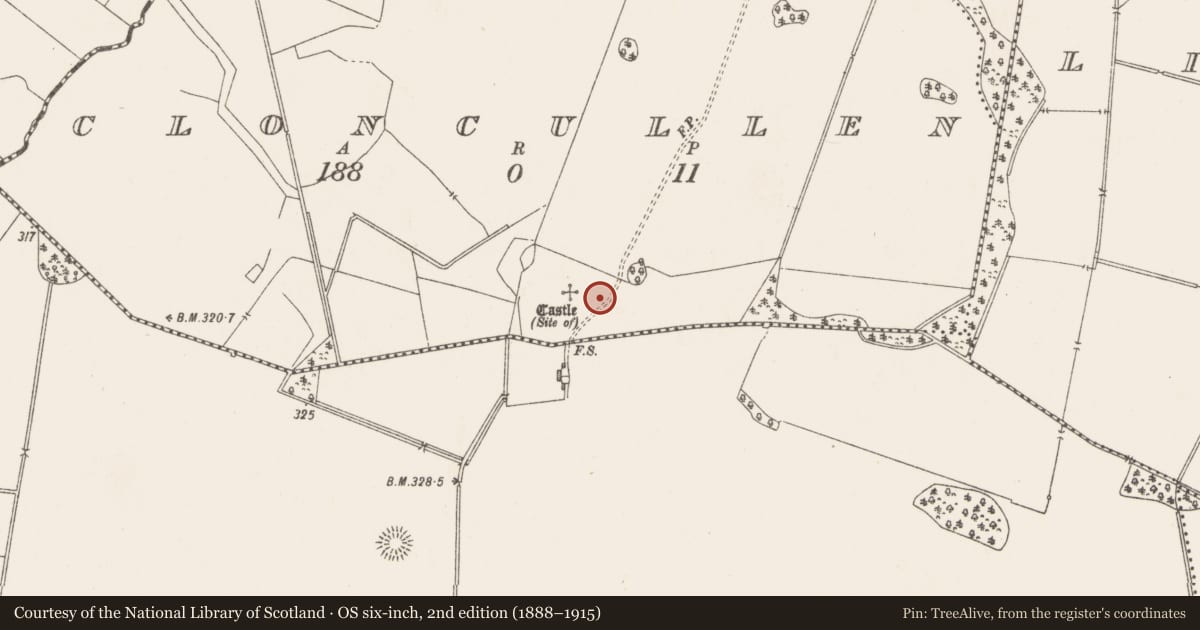 Ordnance Survey six-inch map, 2nd edition (1888–1915) covering the location of Castle - tower house, Cloncullen, County Westmeath, with a pin at the register's coordinates