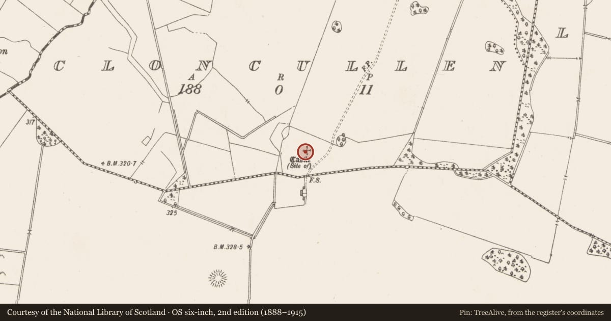 Ordnance Survey six-inch map, 2nd edition (1888–1915) covering the location of Building, Cloncullen, County Westmeath, with a pin at the register's coordinates