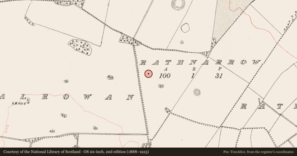 Ordnance Survey six-inch map, 2nd edition (1888–1915) covering the location of Barrow - ditch barrow, Rathnarrow, County Westmeath, with a pin at the register's coordinates