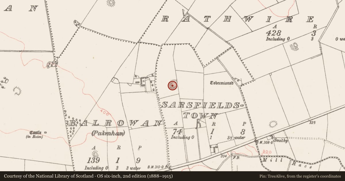 Ordnance Survey six-inch map, 2nd edition (1888–1915) covering the location of Ringfort - rath, Sarsfieldstown, County Westmeath, with a pin at the register's coordinates