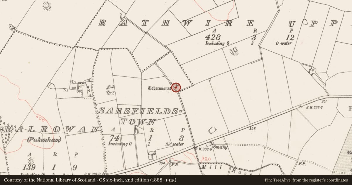 Ordnance Survey six-inch map, 2nd edition (1888–1915) covering the location of Ritual site - holy well, Sarsfieldstown, County Westmeath, with a pin at the register's coordinates