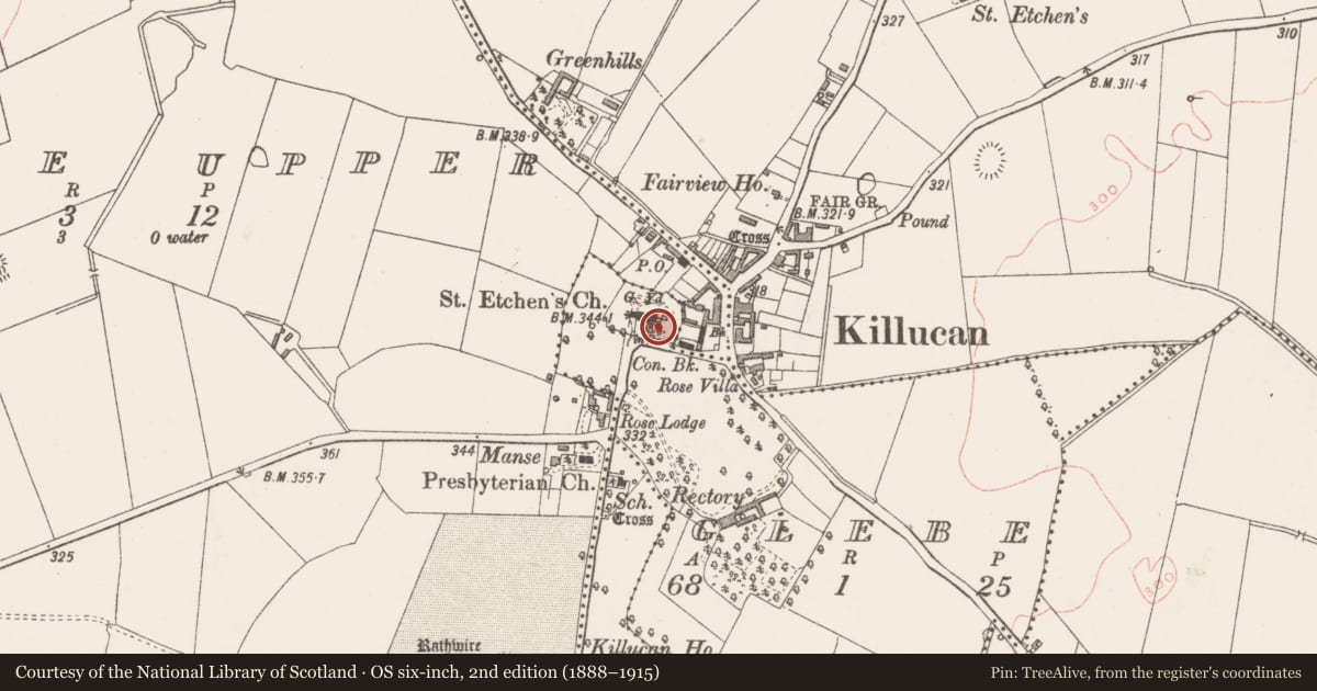 Ordnance Survey six-inch map, 2nd edition (1888–1915) covering the location of Church, Glebe, County Westmeath, with a pin at the register's coordinates
