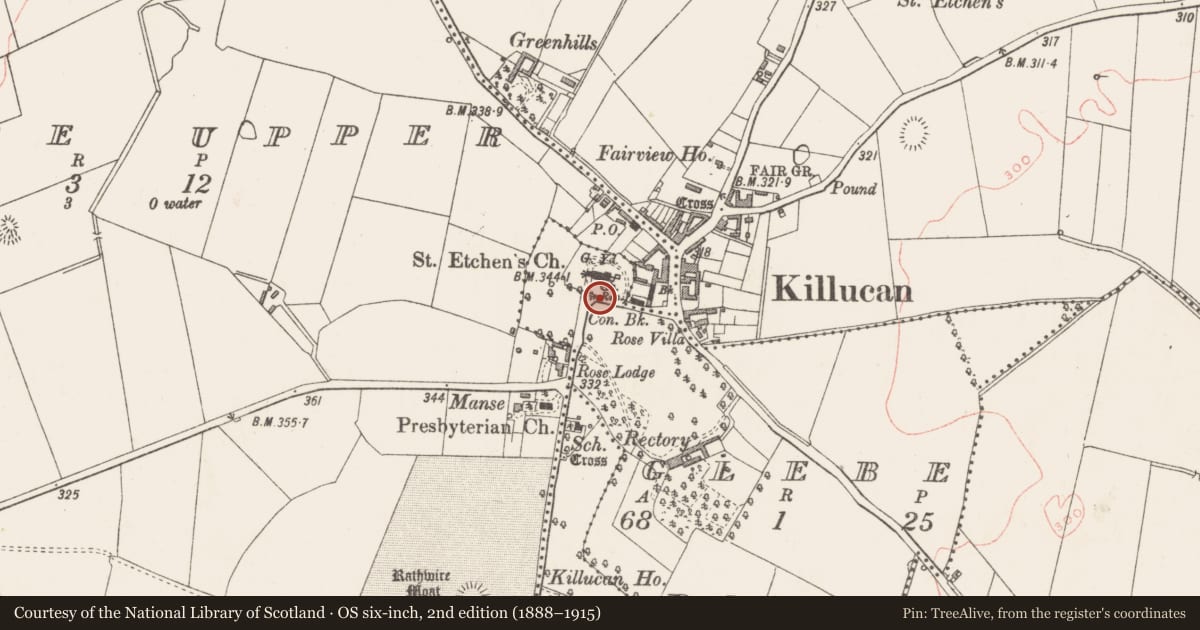 Ordnance Survey six-inch map, 2nd edition (1888–1915) covering the location of Ecclesiastical enclosure, Glebe, County Westmeath, with a pin at the register's coordinates